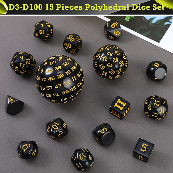 Civaner 15 Pcs Complete Polyhedral Dice Set D3-D100 Spherical RPG Dice Set in Opaque Black, 100 Sides for Role Playing Table Games Party Supplies(Black and Yellow)