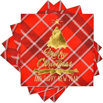 Gatherfun Christmas Party Supplies Red and Black Plaid Disposable Paper Napkins for Merry Christmas New Year Party Decorations, 50 Pack