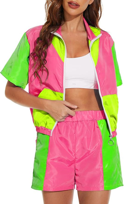 Yisfri Women's Color Block Windbreaker 2 Piece Outfits Short Sleeve Zip Front Elastic Waist Tracksuit Set