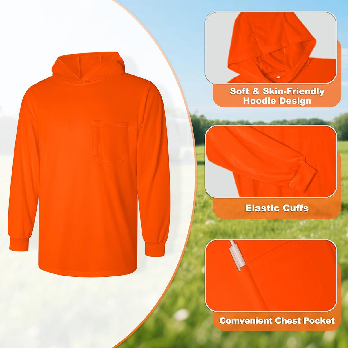 High Visibility Shirts for Men with Hood Safety Shirts for Men Reflective, Hi Vis T Shirts with Long Sleeve Construction, Comfortable, Meets ANSI, Orange Large 1pc