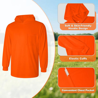 High Visibility Shirts for Men with Hood Safety Shirts for Men Reflective, Hi Vis T Shirts with Long Sleeve Construction, Comfortable, Meets ANSI, Orange Large 1pc