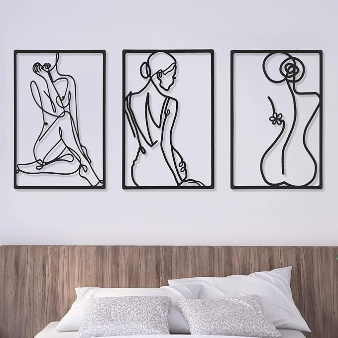 CHENGU 3 Pieces Metal Minimalist Abstract Woman Wall Art Line Drawing Wall Art Decor Single Line Female Home Hanging for Kitchen Bathroom Living Room