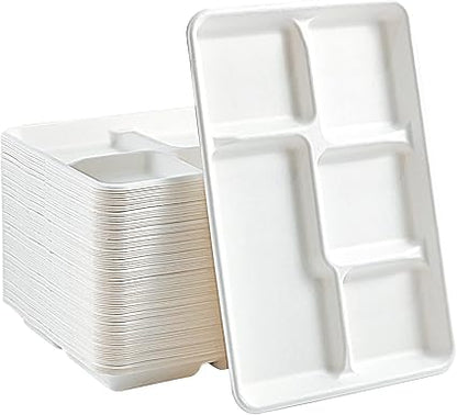 Vplus 100 Compostable 5 Compartment Paper Plates, 100 Pack, 12.5 x 8.6 inch Disposable School Lunch Trays, Eco-Friendly Bagasse Plates for Buffet, and Party