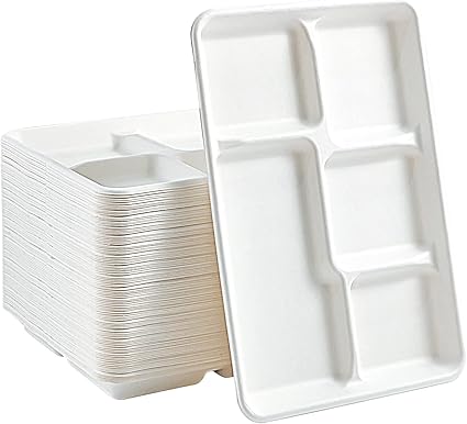 Vplus 100 Compostable 5 Compartment Paper Plates, 100 Pack, 12.5 x 8.6 inch Disposable School Lunch Trays, Eco-Friendly Bagasse Plates for Buffet, and Party
