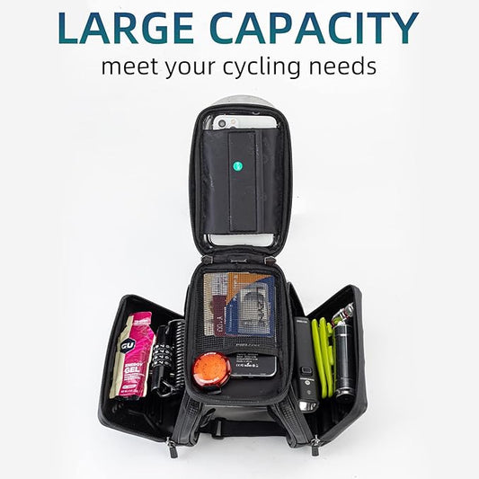 ROCKBROS Bike Phone Bag, Waterproof Bike Frame Bag for Phones Below 6.2"5.8a, Bike Top Tube Phone Holder, Durable Bike Accessories for Cycling