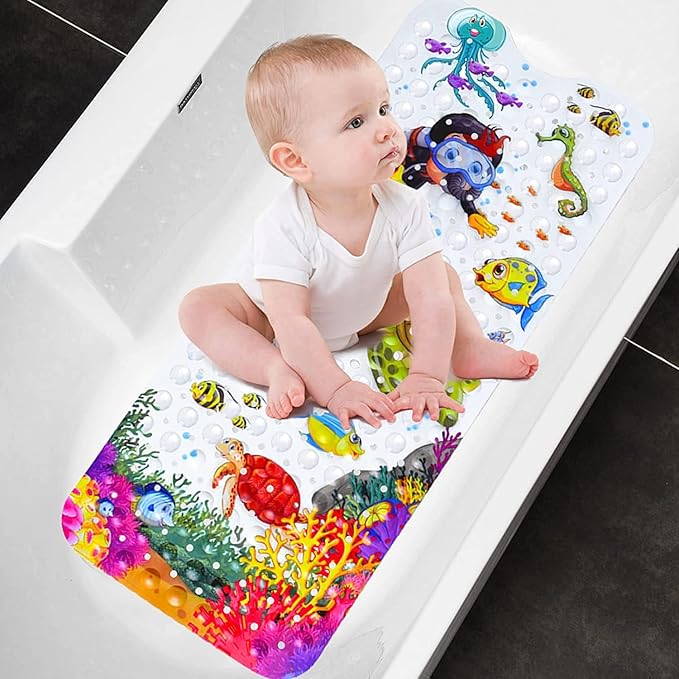 Baby Bath Mat for Tub for Kids,Bathtub Mat Non Slip BPA Free for Kids,Cartoon Mat Non Slip Bath Tub Mat with Suction Cups  Drain Holes for Bathroom,Machine Washable,Size : 39.37x16.75in(100x40cm)