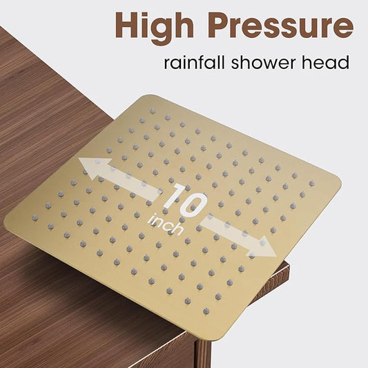 10 Inch (25CM) Square Rainfall Shower Head, 304 Stainless Steel, Ultra Thin Pressure Boosting High Pressure Rain Bathroom Rainfall Showerhead Wallceiling Installation,Matte Brushed Gold