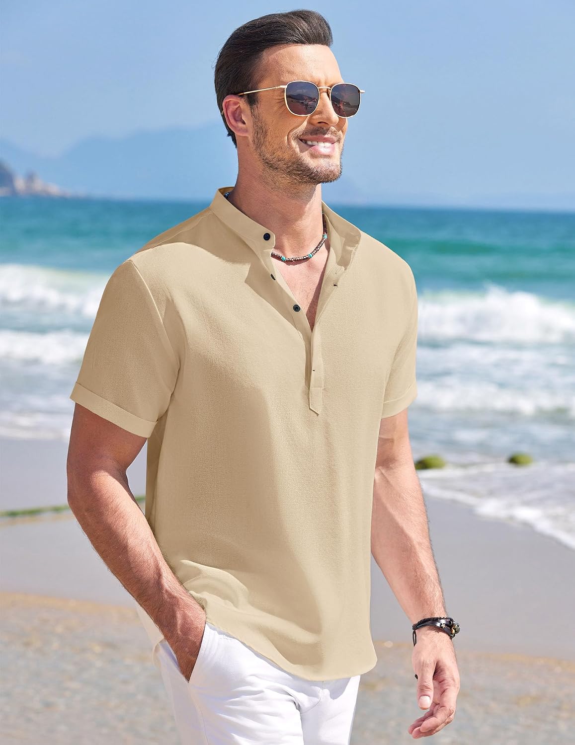 COOFANDY Men's Linen Henley Shirt Short Sleeve Casual Summer Beach Hippie T Shirts