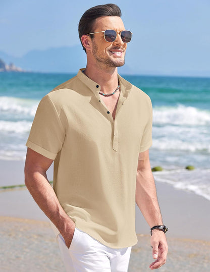 COOFANDY Men's Linen Henley Shirt Short Sleeve Casual Summer Beach Hippie T Shirts