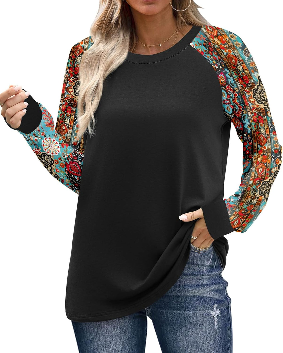 WIHOLL Long Sleeve Shirts for Women Color Block Raglan Tops Casual Crewneck Basic Tees Fall Clothes 2026 Fashion