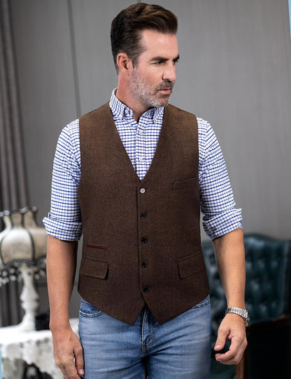 Mens Vintage Classic Herringbone Pattern Suit Vest V Neck Casual Wool Blend Waistcoat for Men