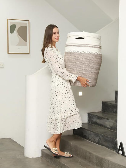 26"x20" Tall Extra Large Storage Basket with Lid, Cotton Rope Storage Baskets, Woven Hamper with Cover, Clothes Bin, WhiteDeep Camel White Mix