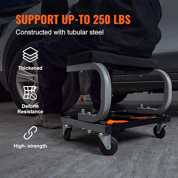 VEVOR Rolling Creeper Garage/Shop Seat, 250 LBS Capacity Padded Rolling Workshop Stool with Tool Tray Storage, Mechanic Stool for Garage, Shop, Auto Repair, Black