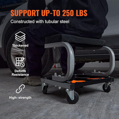 VEVOR Rolling Creeper Garage/Shop Seat, 250 LBS Capacity Padded Rolling Workshop Stool with Tool Tray Storage, Mechanic Stool for Garage, Shop, Auto Repair, Black