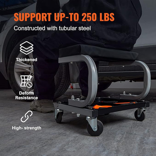 VEVOR Rolling Creeper Garage/Shop Seat, 250 LBS Capacity Padded Rolling Workshop Stool with Tool Tray Storage, Mechanic Stool for Garage, Shop, Auto Repair, Black