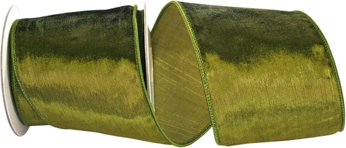 Designer Plush Velvet Elite Wired Edge Ribbon, 4 Inch X 5 Yards, Green Olive