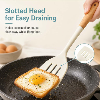 Silicone Slotted Spatula Turner Nonstick Kitchen Turner with Wooden Handle Flexible Fish Spatula for Eggs Pancakes Fish Frying Flipping and Daily Cooking