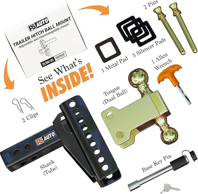 Adjustable Drawbar Trailer Hitch - 20,000 LBS, Fits 2 and 2-516 Inch Balls, US Gov Tested  Certified, for RV Towing, Motorcycles  Powersports