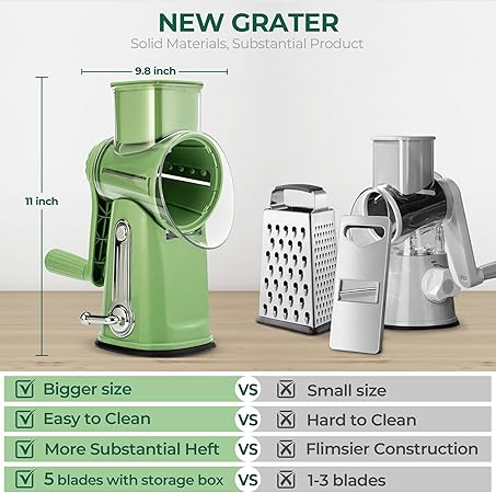 SUSTEAS Rotary Cheese Grater with Handle - Vegetable Shredder with 5 Well-designed Blades  Strong Suction Base,Round Mandoline Slicer  Food Chopper for Kitchen,with Blade Storage Box(Retro Green)