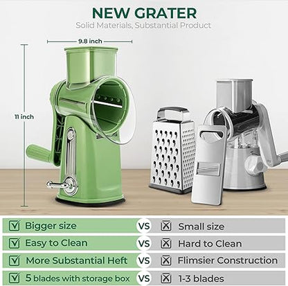 SUSTEAS Rotary Cheese Grater with Handle - Vegetable Shredder with 5 Well-designed Blades  Strong Suction Base,Round Mandoline Slicer  Food Chopper for Kitchen,with Blade Storage Box(Retro Green)