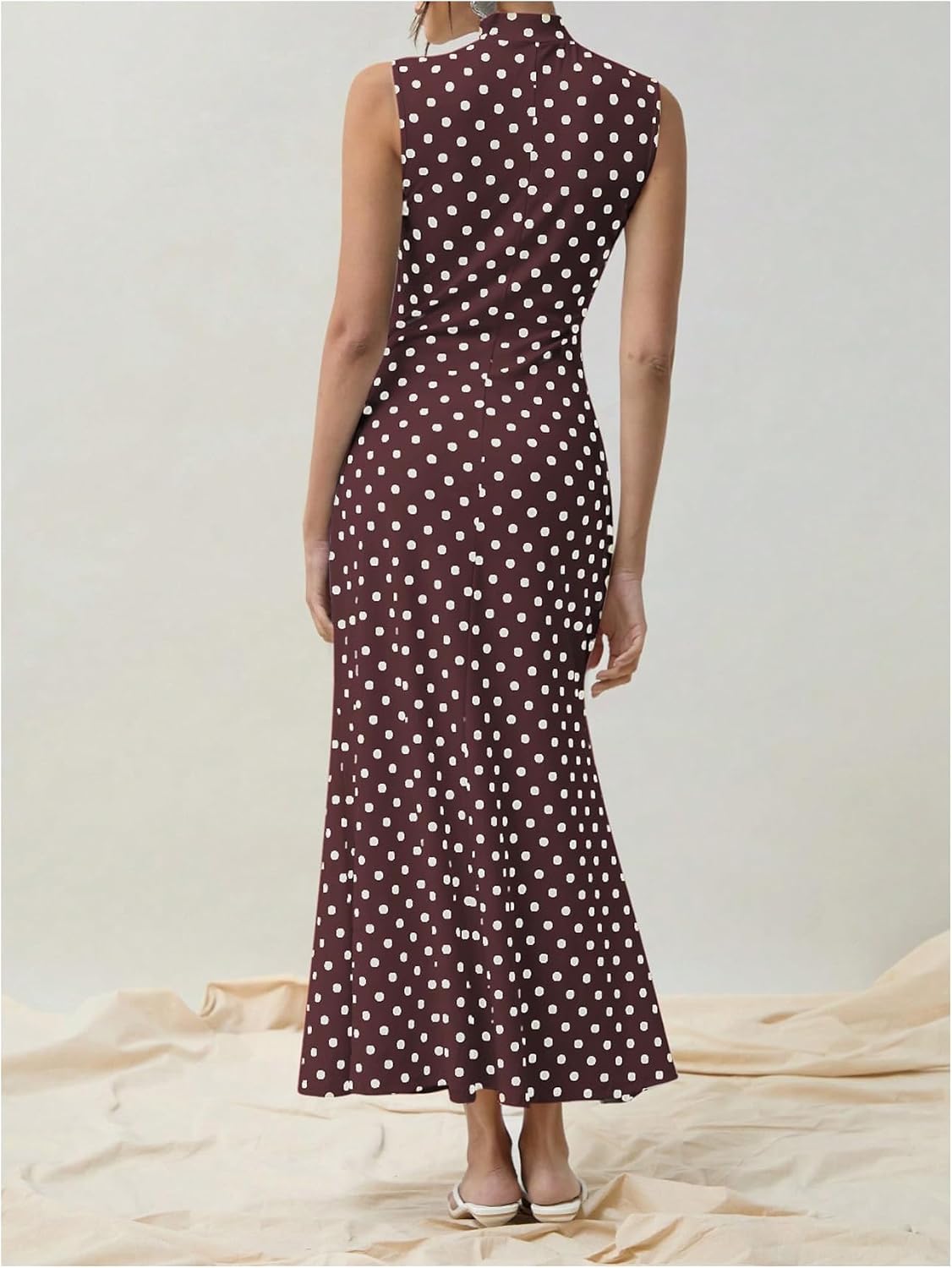 Milumia Women's Polka Dots Maxi Tank Dress Vintage Mock Neck Sleeveless Elegant Long Dresses.