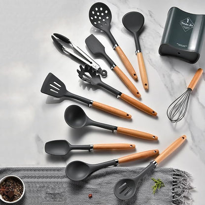 1-piece Egg Whisk Silicone Kitchen Utensils Sturdy Thickened Wooden Handle Cooking Utensils Kitchen Gadgets Spatulas Set for Nonstick Cookware