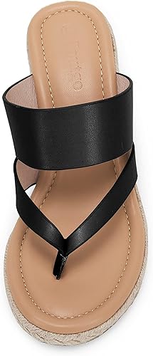 Coutgo Women's Espadrille Wedge Sandals Platform Thong Leather Strap Slides Backless Slip On Summer Casual Flip Flops