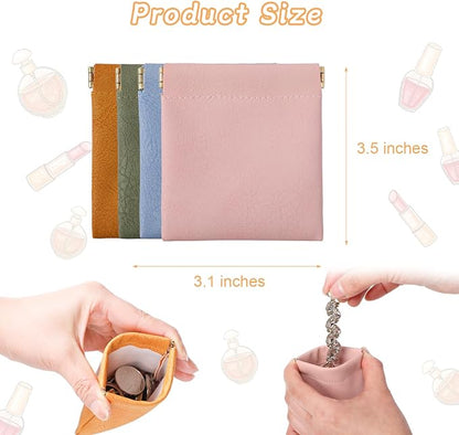 4 Pack Squeeze Coin purse, 3.5x3.1 inch PU Leather Mini Change Pouch for Coins, Jewelry, Earphones. Unisex Travel Coin purse for Men and Women