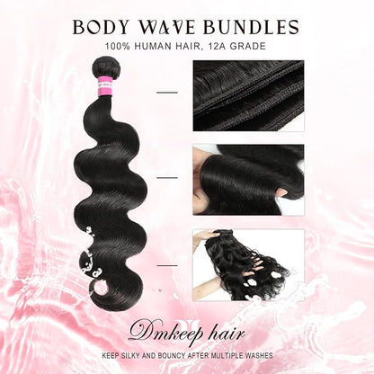 DMKEEP 12A Body Wave Bundles Human Hair 26 Inch - 100 Unprocessed Raw Virgin Human Hair Bundles Quick Weave Single Bundle Real Human Hair Extensions Natural Color