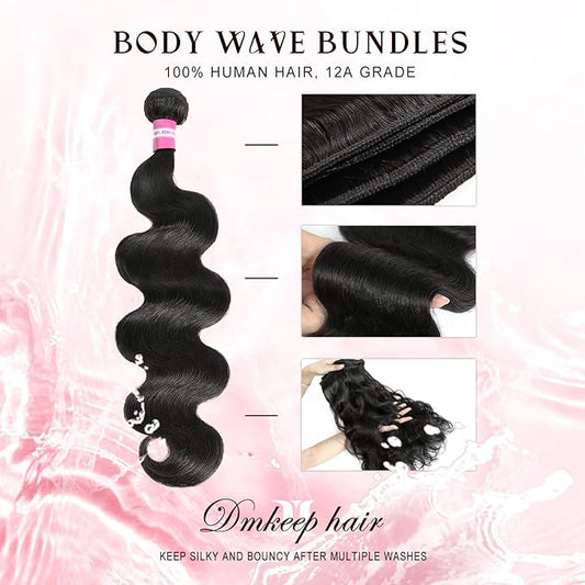 DMKEEP 12A Body Wave Bundles Human Hair 26 Inch - 100 Unprocessed Raw Virgin Human Hair Bundles Quick Weave Single Bundle Real Human Hair Extensions Natural Color