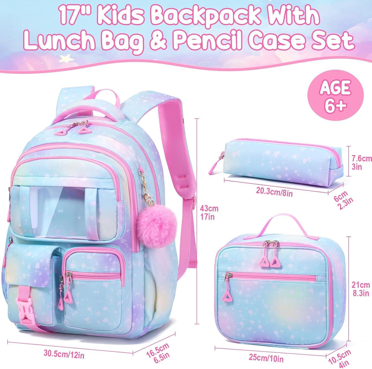 The color is Pink Fimibuke Kids Backpack for School Girls, 3Pcs Waterproof Girls Backpack with Lunch Box & Pencil Pouch - Lightweight Blue Bookbag for Ages 6+ Elementary Middle School Teens