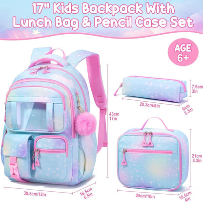 The color is Pink Fimibuke Kids Backpack for School Girls, 3Pcs Waterproof Girls Backpack with Lunch Box & Pencil Pouch - Lightweight Blue Bookbag for Ages 6+ Elementary Middle School Teens
