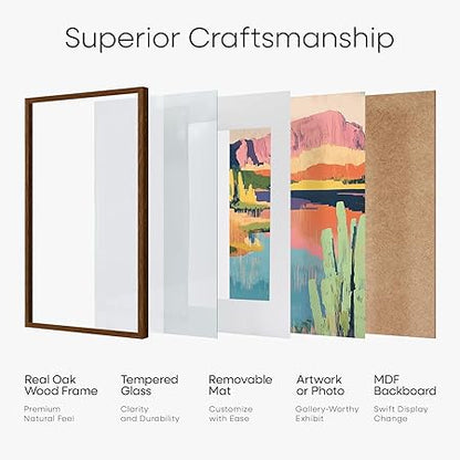 Homeforia 4x6 Brown Picture Frame Wood, High End 4x6 Dark Wooden Frames for Wall or Tabletop, Photo Frames 4 x 6 Brown with Mat 3x5, Tempered Glass, Wall Kit, Set of 1