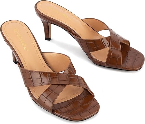Greatonu Women's Square Toe Summer Heels Mules Cross Strap Slip on 2.5 Inch kitten Heeled Sandals