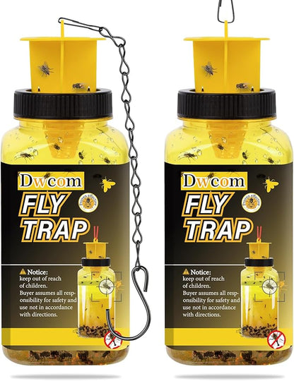 Dwcom 2 Pack Fly Traps Outdoor with Fly Bait, Fly Repellent for Outdoor Use Only, Controls Flies for Patios, Barns, Ranches, Hanging Fly Traps