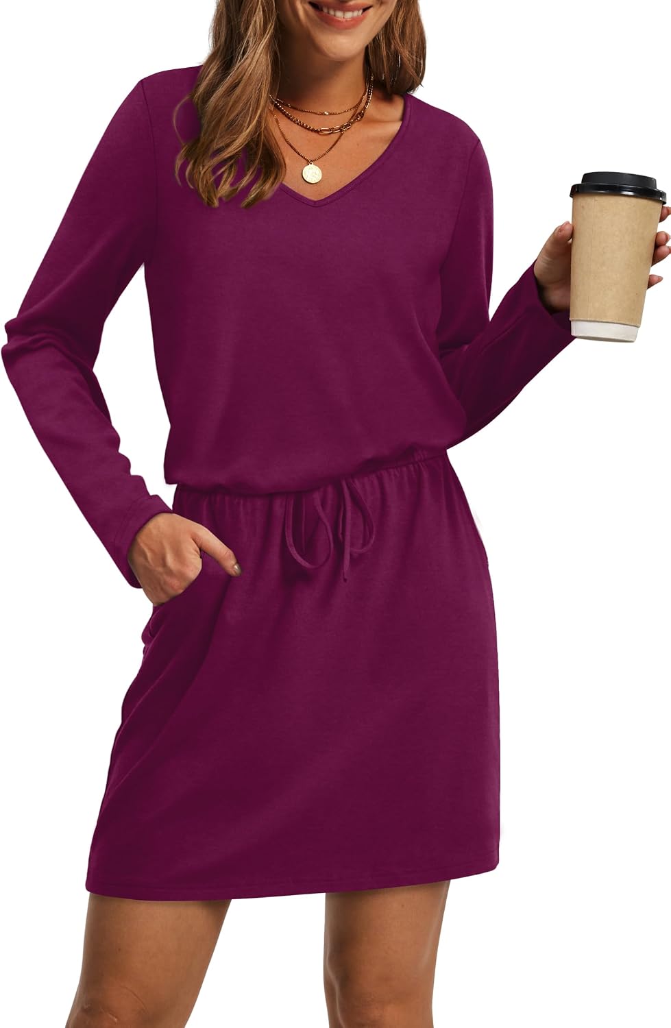 OFEEFAN Fall Dresses for Women 2025 Loose V Neck Long Sleeve T Shirts Casual Sundresses Tie Front A-Line Dresses