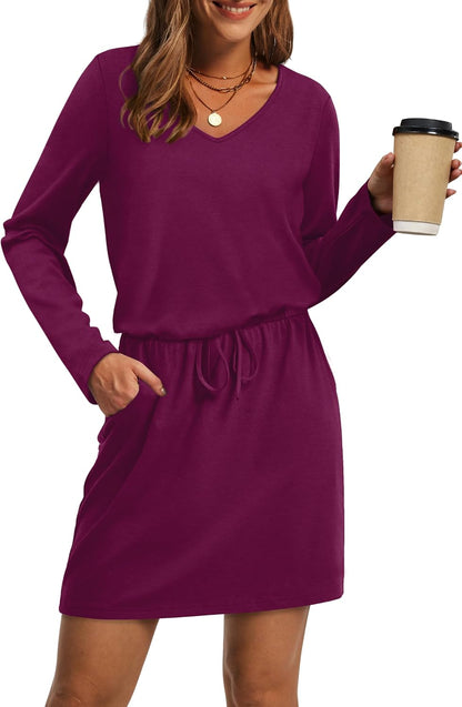 OFEEFAN Fall Dresses for Women 2025 Loose V Neck Long Sleeve T Shirts Casual Sundresses Tie Front A-Line Dresses