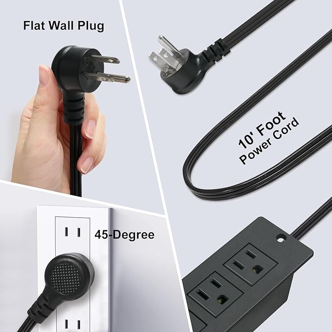 USB C Conference Recessed Power Strip 20W, 3 Outlets 2 USB Fast Charge(PD 20WQC 18W) Mountable Flat Plug 10ft Extension Power Cord for Nightstand Cabinet Sofa Table Couch