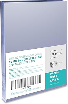 Binditek 100 Pack 10 Mil PVC Clear Binding Covers, 8.5 x 11 Inches, Letter Size, Square Corners, Un-Punched, Office Supplies