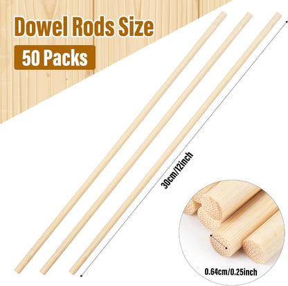 50Pcs Wooden Dowel Rods, 1/4 x 12 Inch Wood Sticks for Crafts Wooden dowel rods for DIY crafts, Halloween & Christmas decor, cake dowels, model making and creative projects