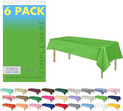 ZIMPLEWARE Premium Lime Green Plastic Table Cloth Disposable (6 Pk) Plastic Tablecloths for Rectangle Tables (54in x 108in) Party Table Cloths Disposable for 6ft to 8ft Rectangle Tables