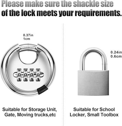 Rohuis Round Combination Lock, Uncuttable Combination Disc Padlock, 3/8 Inch Shackle Outdoor Combo Lock Discus Pad Lock for Storage Unit, Garages, Fences (1 Pack)