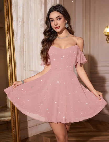 Meetjen Women's Short Prom Dresses for Teens Formal Sparkly Off Shoulder Tulle Sequin Cocktail Party Dress Homecoming