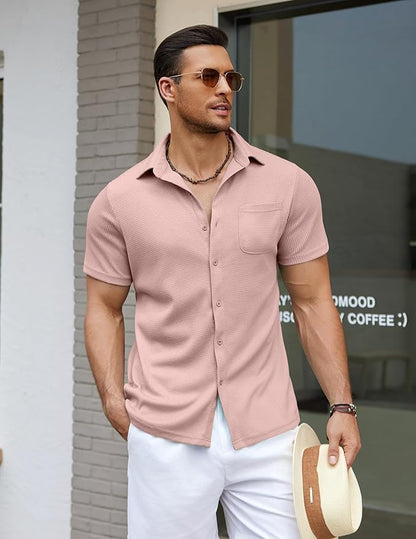 COOFANDY Men's Knit Button Down Shirts Casual Short Sleeve Polo Shirt Summer Beach Shirts with Pocket