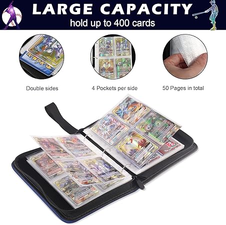 Baseball Card Binder, Trading Card Binder with Sleeves, Sports Card Binder Collectible Trading Card Albums Fits Cards with 50 Removable Sleeves (Blue, 400 Pockets)