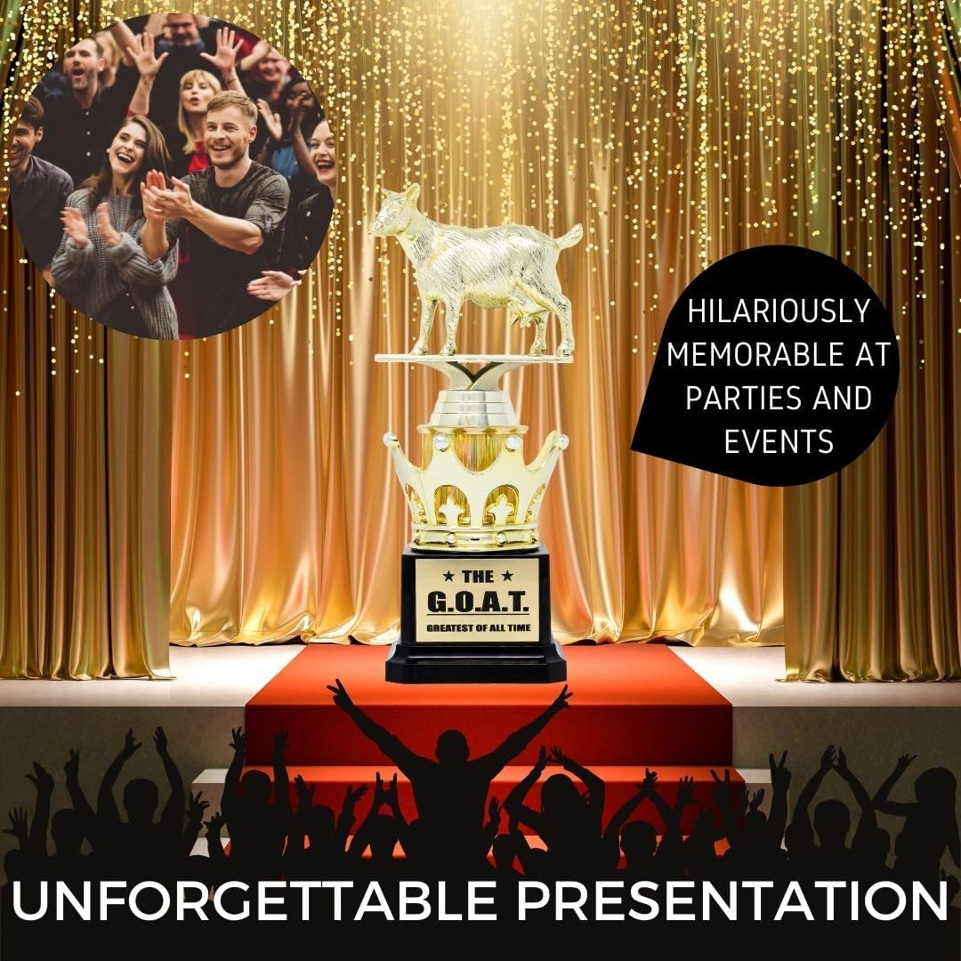 Alpha Awards Goat CUSTOM Trophy - G.O.A.T. - Greatest of All Time Funny Trophy Award - Appreciation Gift for Boss, Coworker, Friend - League Champion Award Winner (Plate reads: "The G.O.A.T Best dessert!" In black, "Fugaz One" font