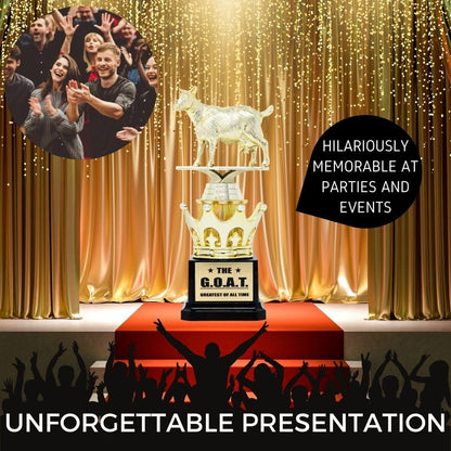 Alpha Awards Goat CUSTOM Trophy - G.O.A.T. - Greatest of All Time Funny Trophy Award - Appreciation Gift for Boss, Coworker, Friend - League Champion Award Winner (Plate reads: "The G.O.A.T Best dessert!" In black, "Fugaz One" font