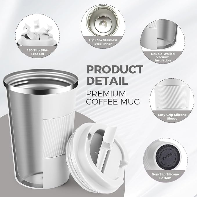 13 oz Stainless Steel Insulated Travel Coffee Mug with Fip Lid,Reusable Double Wall Vacuum Metal Coffee Cup,Portable to Go Leak Proof Cafe Thermal Tumbler for Hot & Cold Drinks(White,1)