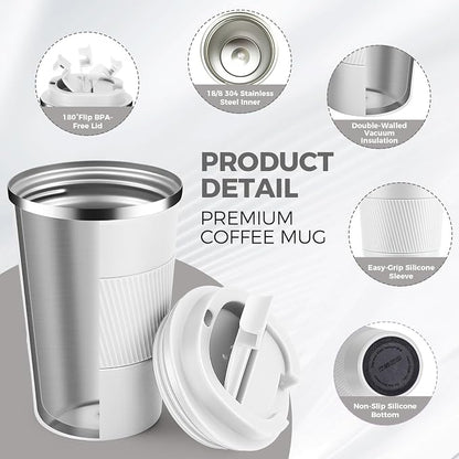 13 oz Stainless Steel Insulated Travel Coffee Mug with Fip Lid,Reusable Double Wall Vacuum Metal Coffee Cup,Portable to Go Leak Proof Cafe Thermal Tumbler for Hot & Cold Drinks(White,1)