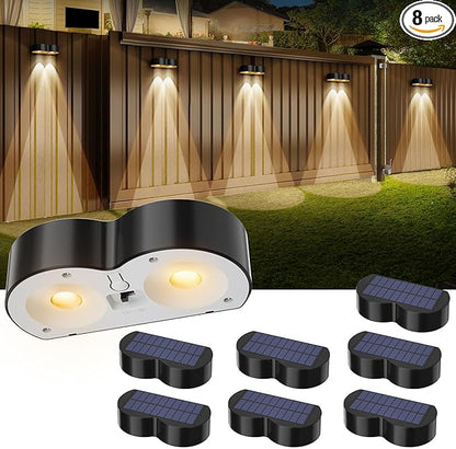 Pack of 8 upgraded solar lights for outdoor fence with point lenses, warm white, cool white and RGB 8 fixed colors, bright waterproof color lights for fence, wall, step,